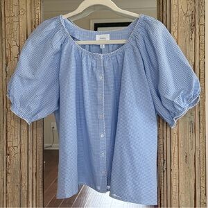 Sezane Light Blue Gingham Puff-Sleeve Blouse